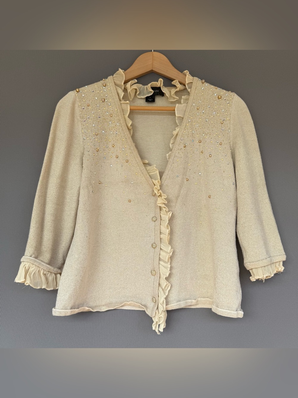 vtg Y2K St. John Ruffle Beaded Metallic Cardigan Women's Cream P / XS Old Money